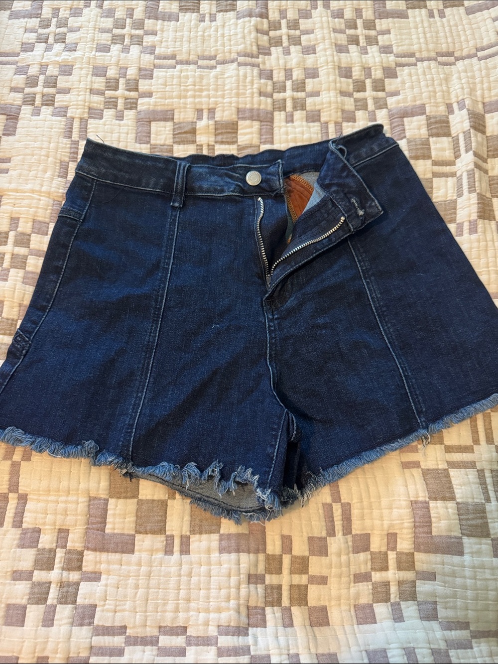 High-Rise Dark Indigo Denim Frayed Hem Women's Shorts